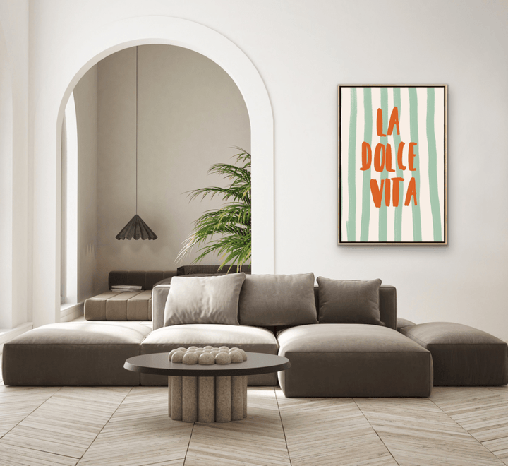 La Dolce Vita Stripes - Orange &amp; Green Coastal Quote, Stretched Canvas or Wall Art Print - I Heart Wall Art - Poster Print, Canvas Print or Framed Art Print