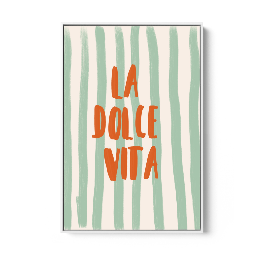 La Dolce Vita Stripes - Orange &amp; Green Coastal Quote, Stretched Canvas or Wall Art Print - I Heart Wall Art - Poster Print, Canvas Print or Framed Art Print