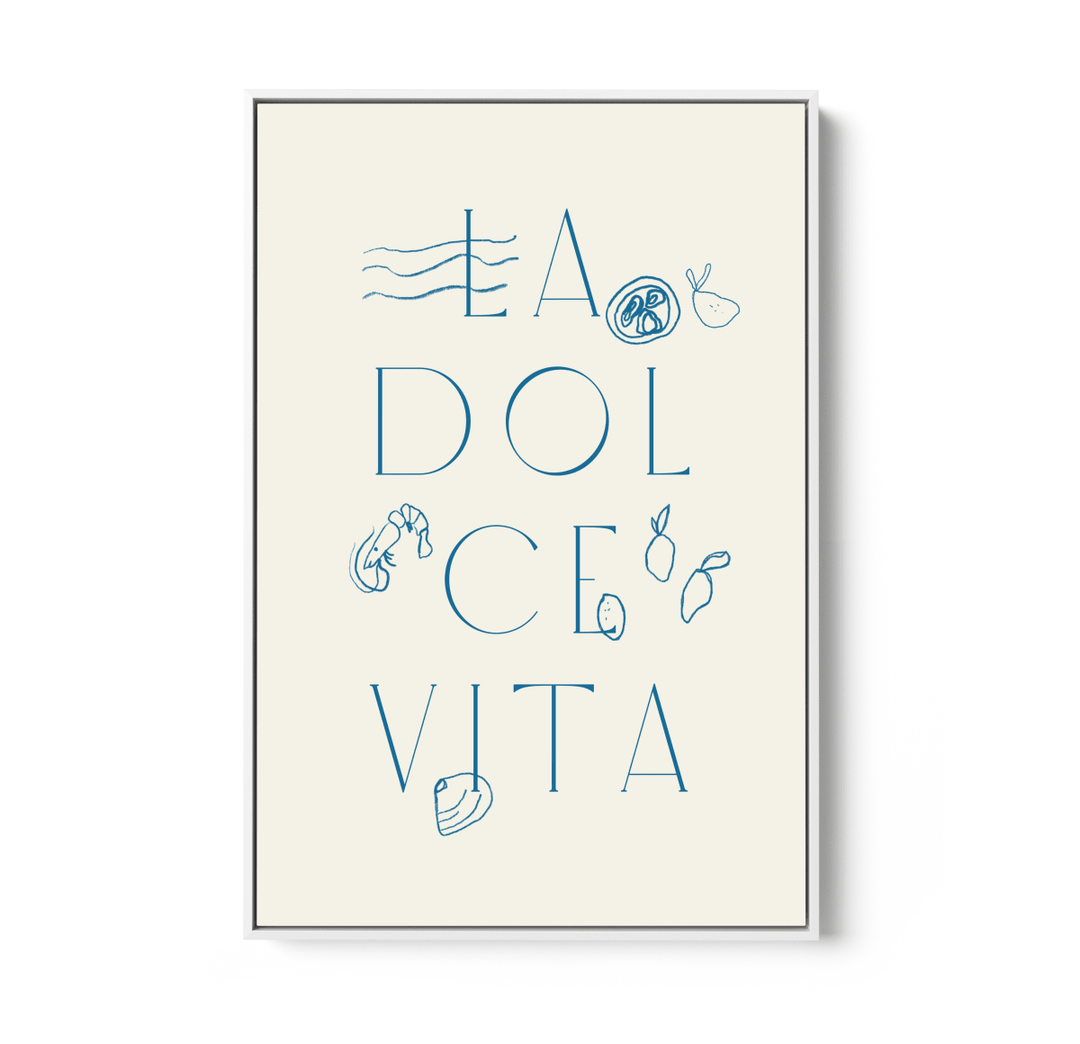 La Dolce Vita - Vintage Blue Coastal Quote, Stretched Canvas or Wall Art Print - I Heart Wall Art - Poster Print, Canvas Print or Framed Art Print
