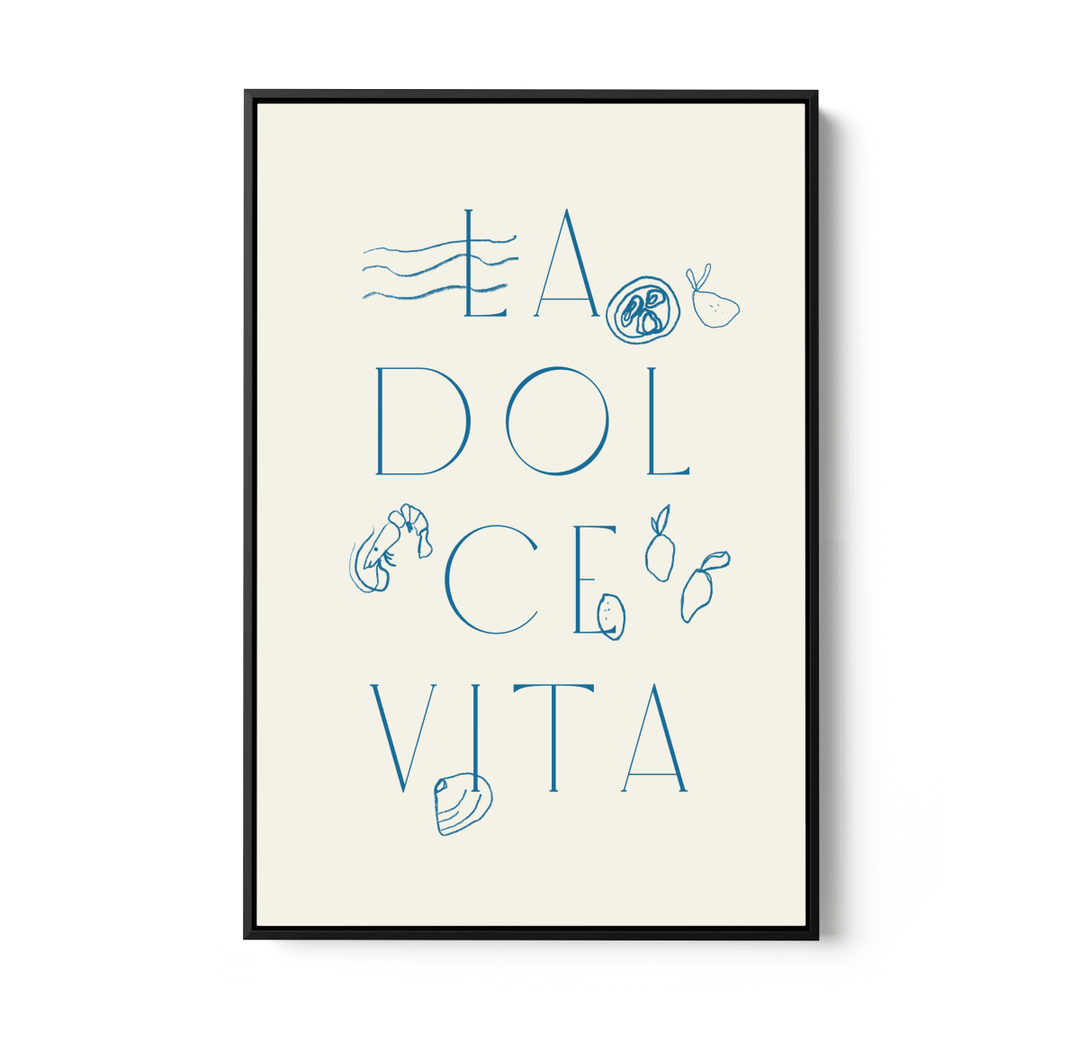 La Dolce Vita - Vintage Blue Coastal Quote, Stretched Canvas or Wall Art Print - I Heart Wall Art - Poster Print, Canvas Print or Framed Art Print