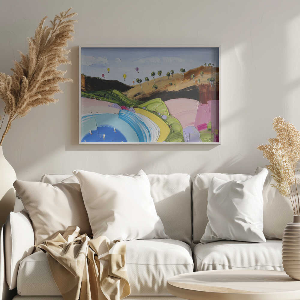 Lakeside Hot Air Balloons - Stretched Canvas, Poster or Fine Art Print by Angela Hawkey - I Heart Wall Art - Poster Print, Canvas Print or Framed Art Print