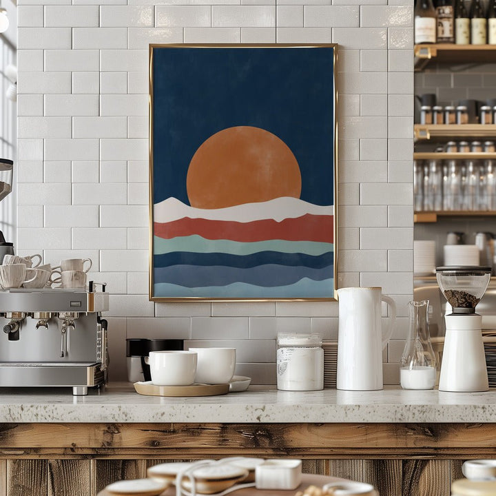 Large Orange Sun Setting Over Stylized Waves - Stretched Canvas, Poster or Fine Art Print - I Heart Wall Art - Poster Print, Canvas Print or Framed Art Print