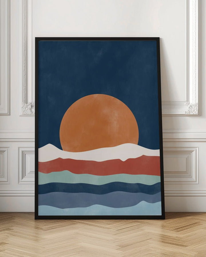 Large Orange Sun Setting Over Stylized Waves - Stretched Canvas, Poster or Fine Art Print - I Heart Wall Art - Poster Print, Canvas Print or Framed Art Print