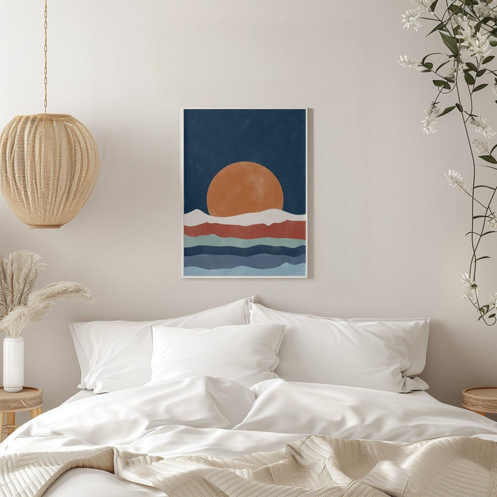Large Orange Sun Setting Over Stylized Waves - Stretched Canvas, Poster or Fine Art Print - I Heart Wall Art - Poster Print, Canvas Print or Framed Art Print