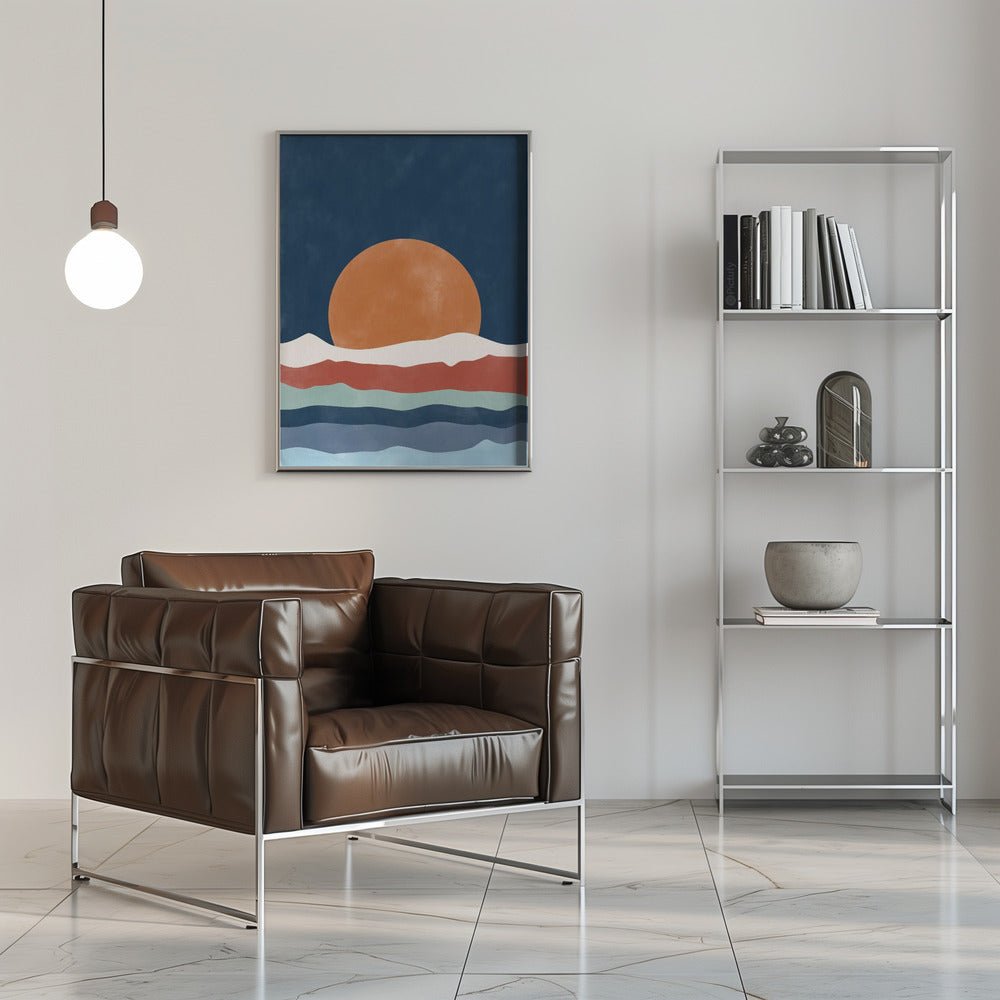 Large Orange Sun Setting Over Stylized Waves - Stretched Canvas, Poster or Fine Art Print - I Heart Wall Art - Poster Print, Canvas Print or Framed Art Print