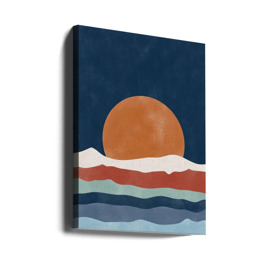 Large Orange Sun Setting Over Stylized Waves - Stretched Canvas, Poster or Fine Art Print - I Heart Wall Art - Poster Print, Canvas Print or Framed Art Print