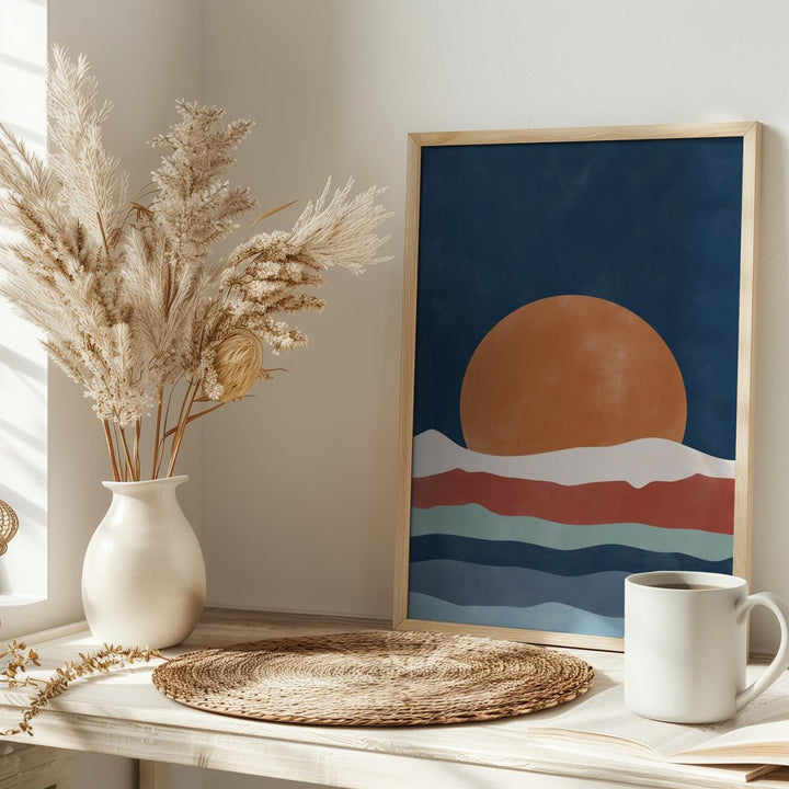 Large Orange Sun Setting Over Stylized Waves - Stretched Canvas, Poster or Fine Art Print - I Heart Wall Art - Poster Print, Canvas Print or Framed Art Print