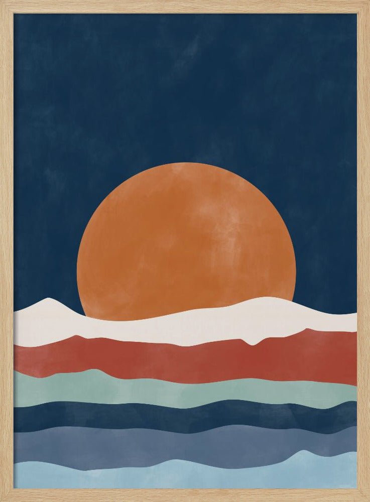 Large Orange Sun Setting Over Stylized Waves - Stretched Canvas, Poster or Fine Art Print - I Heart Wall Art - Poster Print, Canvas Print or Framed Art Print