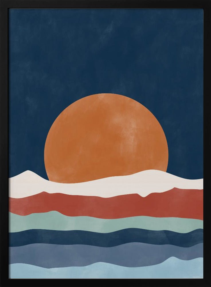 Large Orange Sun Setting Over Stylized Waves - Stretched Canvas, Poster or Fine Art Print - I Heart Wall Art - Poster Print, Canvas Print or Framed Art Print