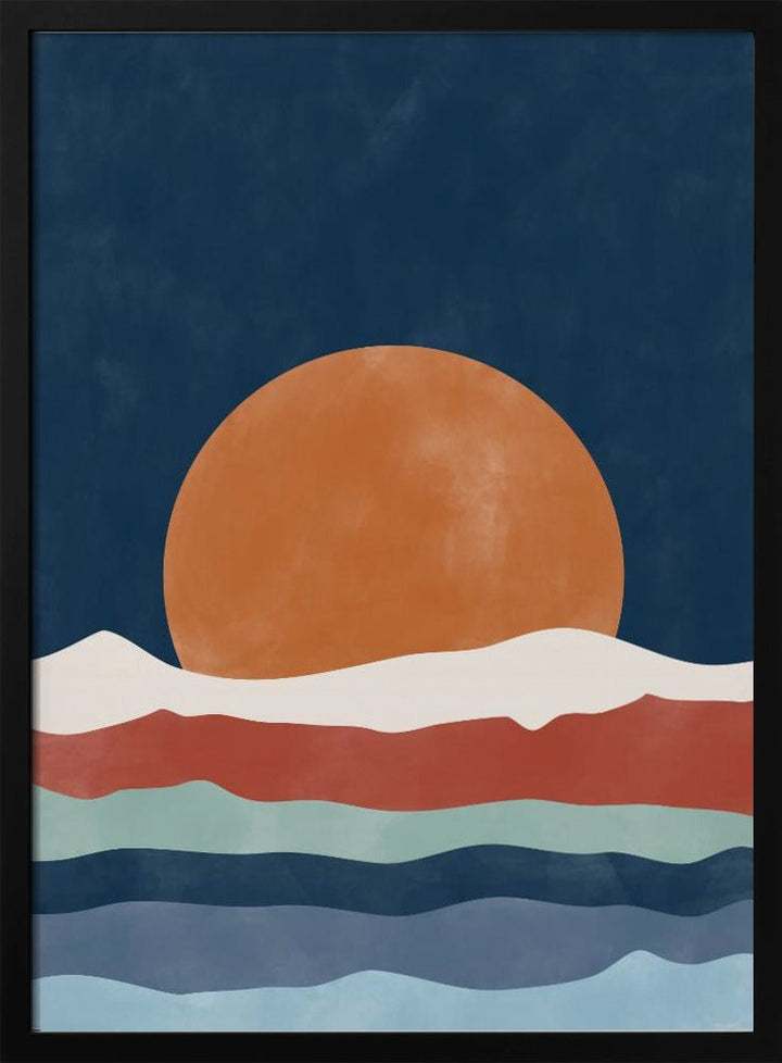 Large Orange Sun Setting Over Stylized Waves - Stretched Canvas, Poster or Fine Art Print - I Heart Wall Art - Poster Print, Canvas Print or Framed Art Print