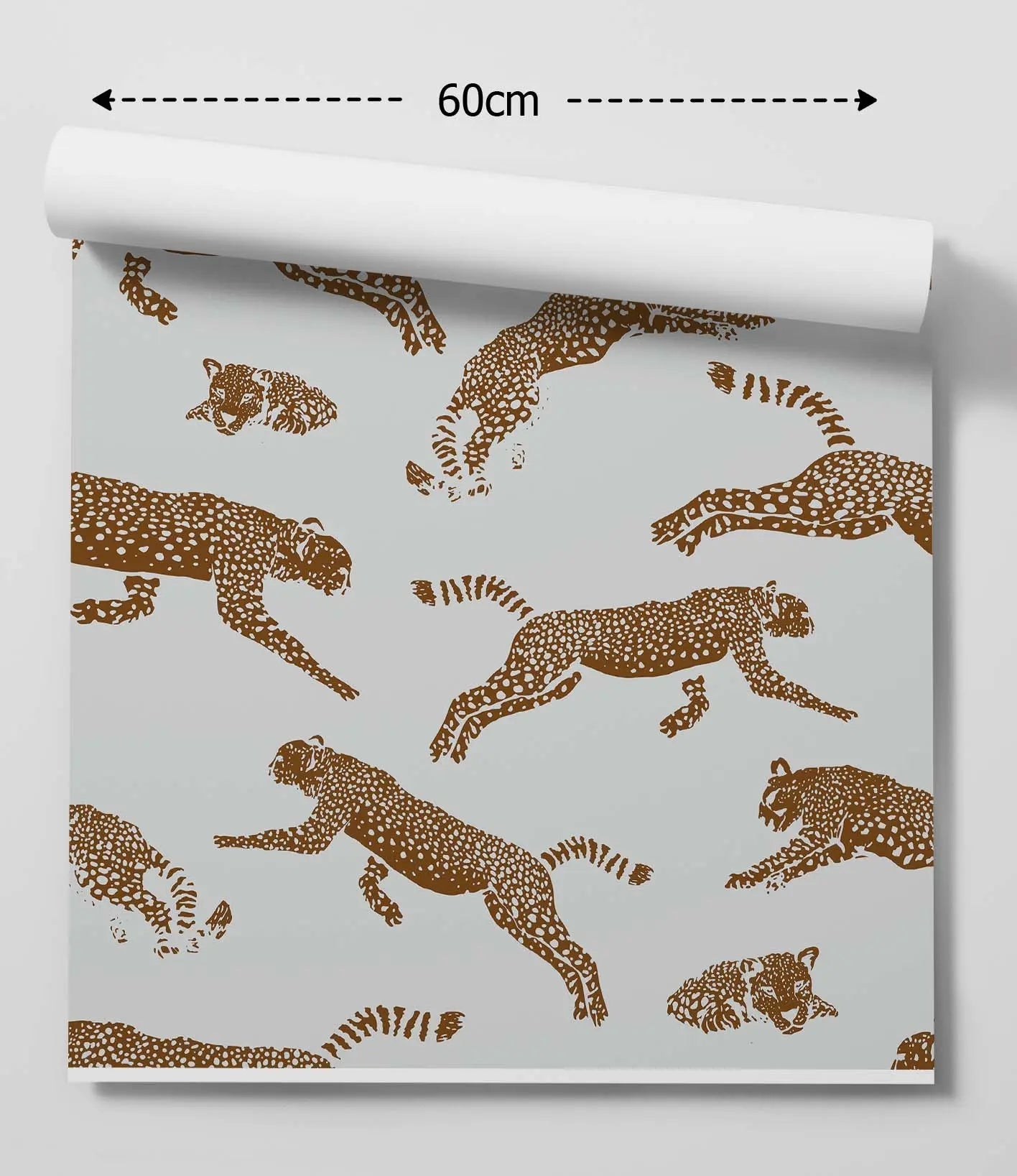 A roll of leopard design removable wallpaper with brown cheetah silhouettes on light gray background
