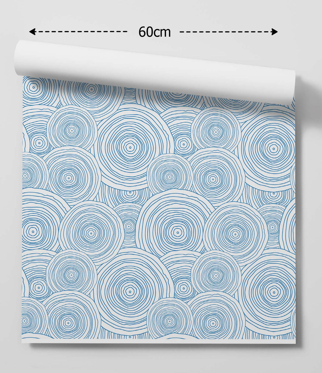 A roll of lifes a whirlwind blue swirl peel and stick removable wallpaper with blue concentric circles and 60cm width