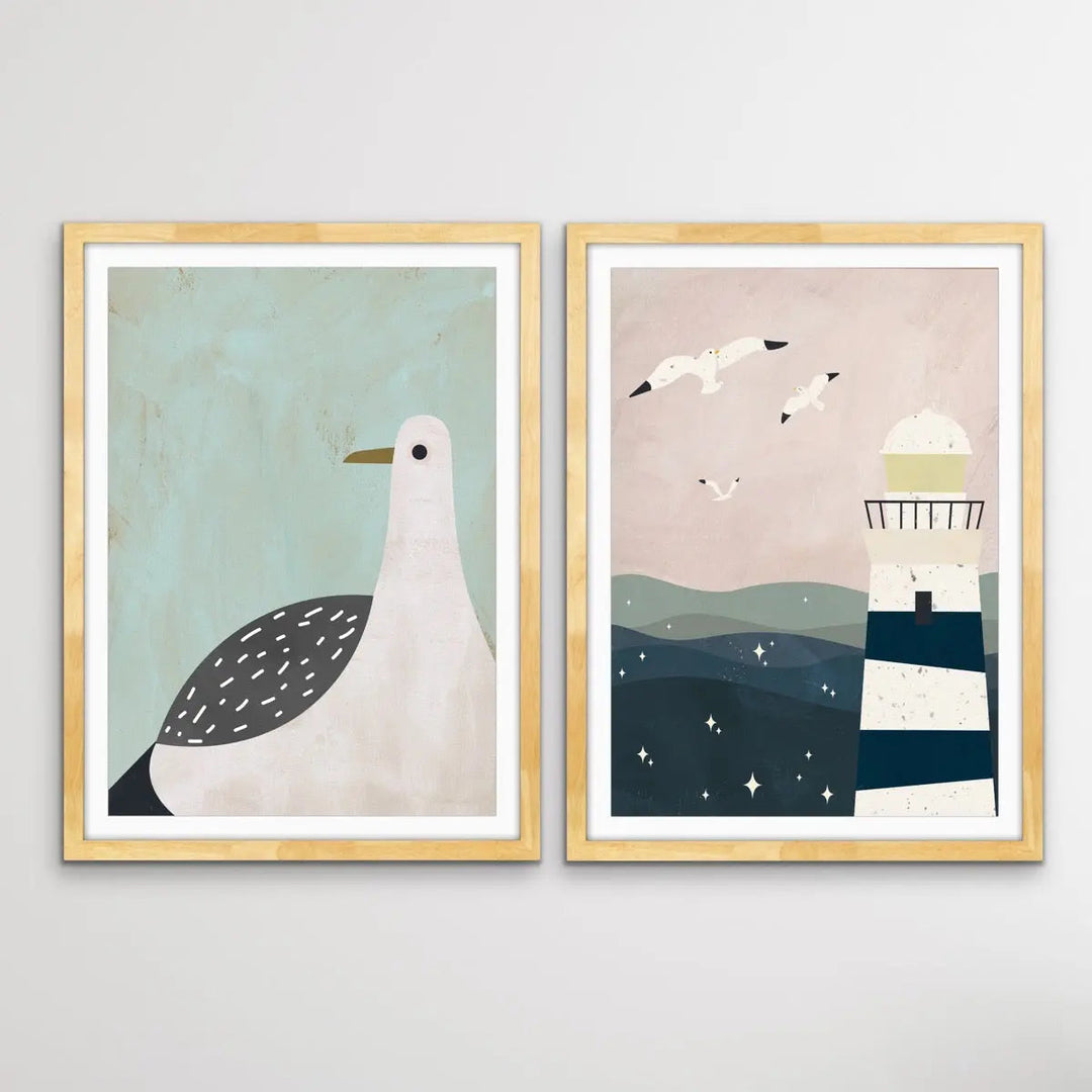 Lighthouse and Seagulls - Two Piece Collage Style Kids Print Set In Pastel Tones I Heart Wall Art Australia 