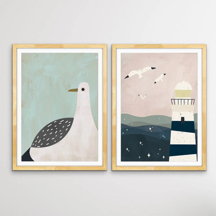 Lighthouse and Seagulls - Two Piece Collage Style Kids Print Set In Pastel Tones I Heart Wall Art Australia 