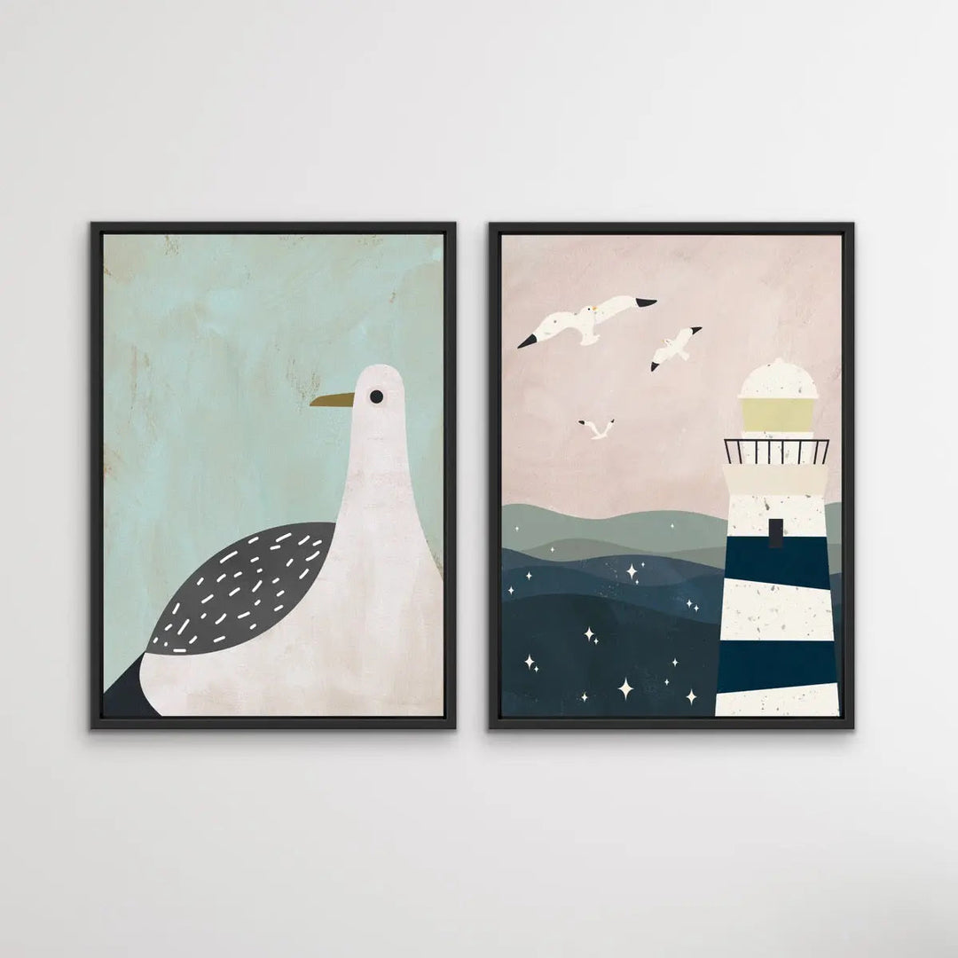 Lighthouse and Seagulls - Two Piece Collage Style Kids Print Set In Pastel Tones I Heart Wall Art Australia 