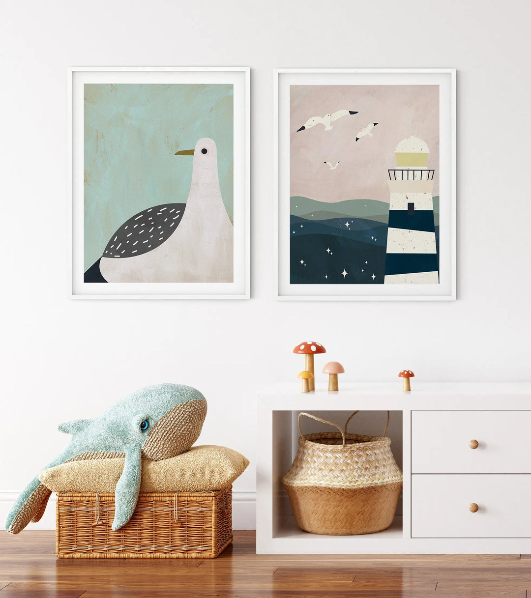 Lighthouse and Seagulls - Two Piece Collage Style Kids Print Set In Pastel Tones I Heart Wall Art Australia 