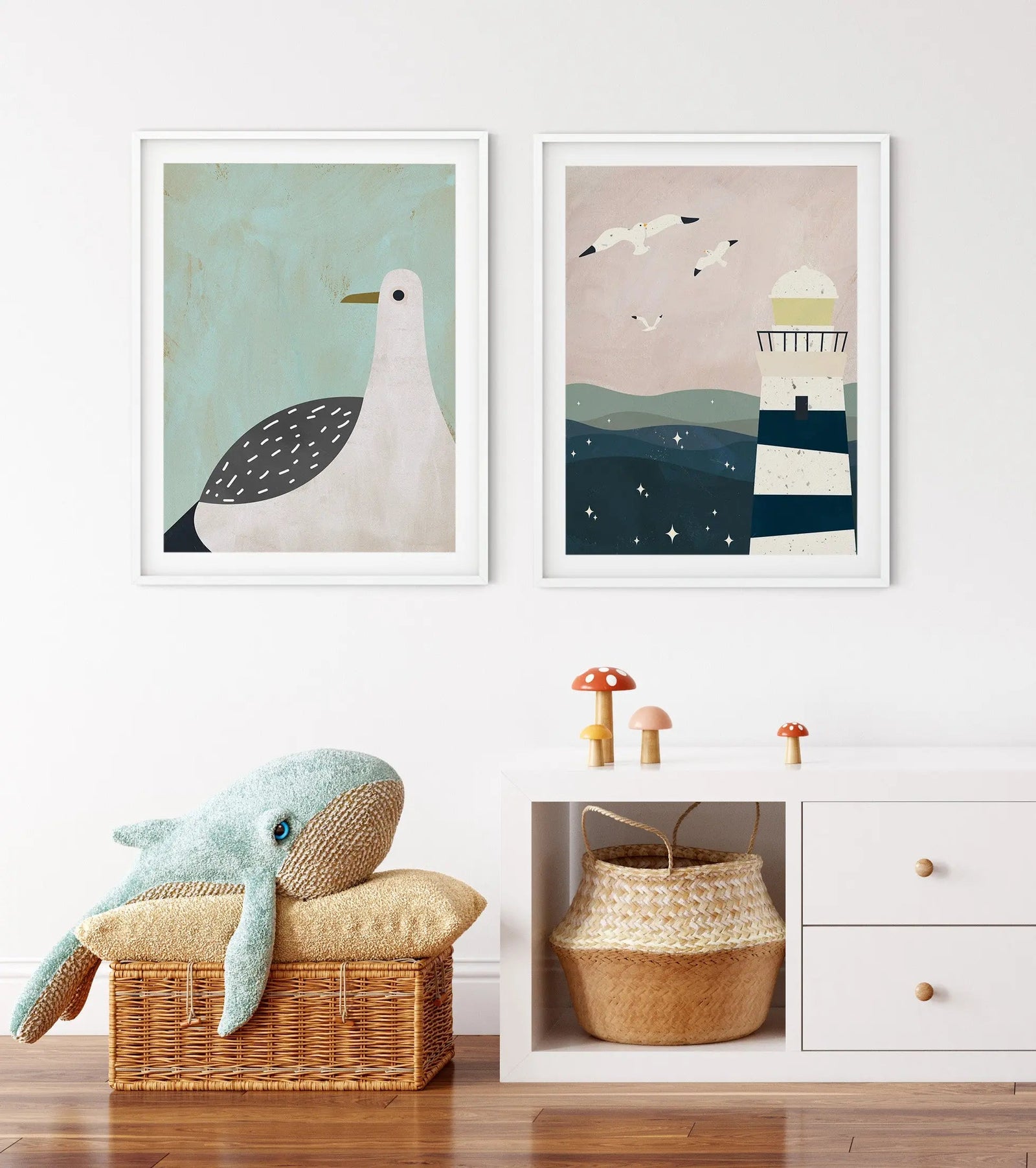 Lighthouse and Seagulls - Two Piece Collage Style Kids Print Set In Pastel Tones I Heart Wall Art Australia 