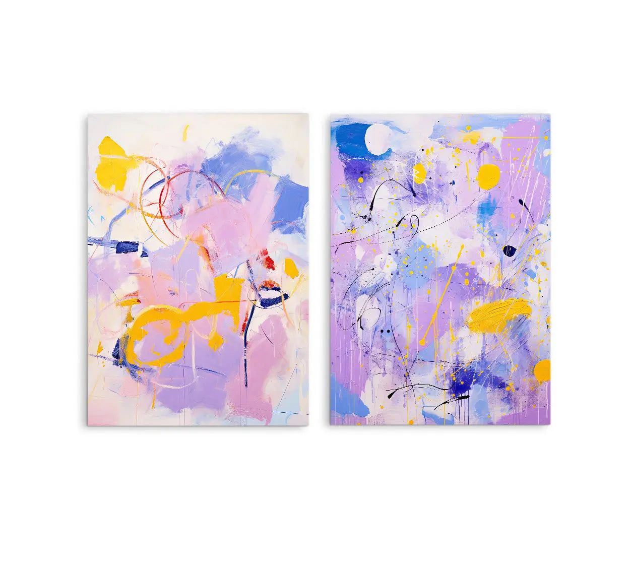Lilac dreams two piece print set featuring vibrant abstract canvases with purple yellow pink and blue dynamic splashes