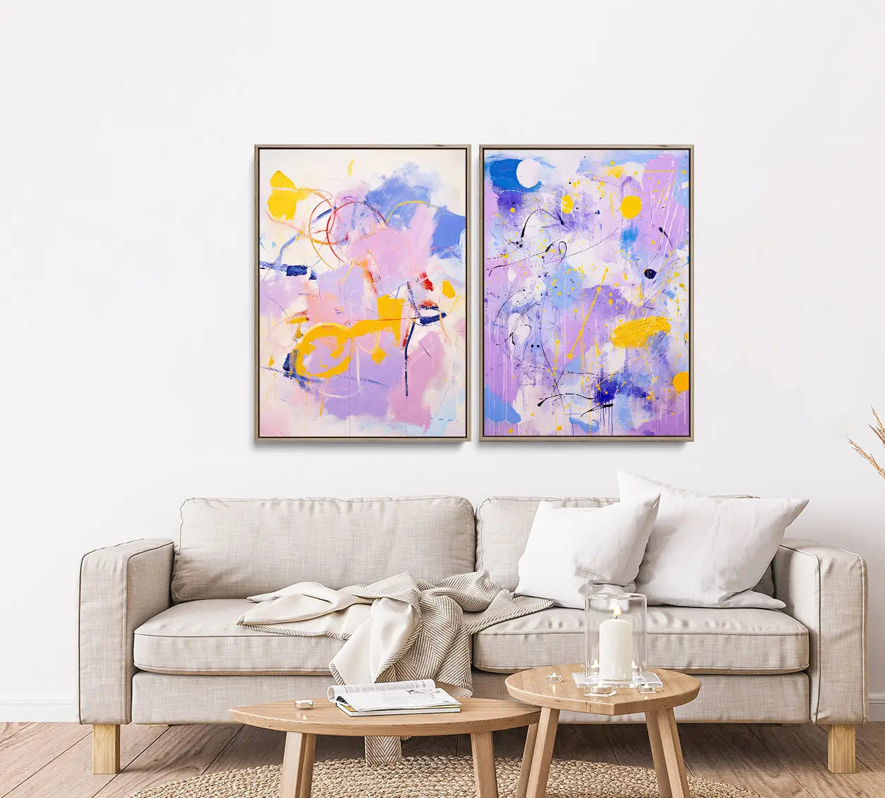 Two framed abstract paintings with vibrant purple pink yellow and blue splashes in lilac dreams print set