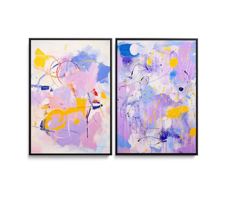 Two abstract paintings in black frames with vibrant purple and yellow splashes on a light background lilac dreams set