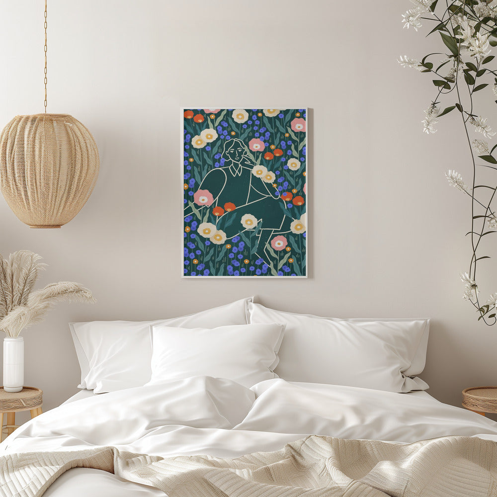 Line Lady With Florals - Stretched Canvas, Poster or Fine Art Print I Heart Wall Art