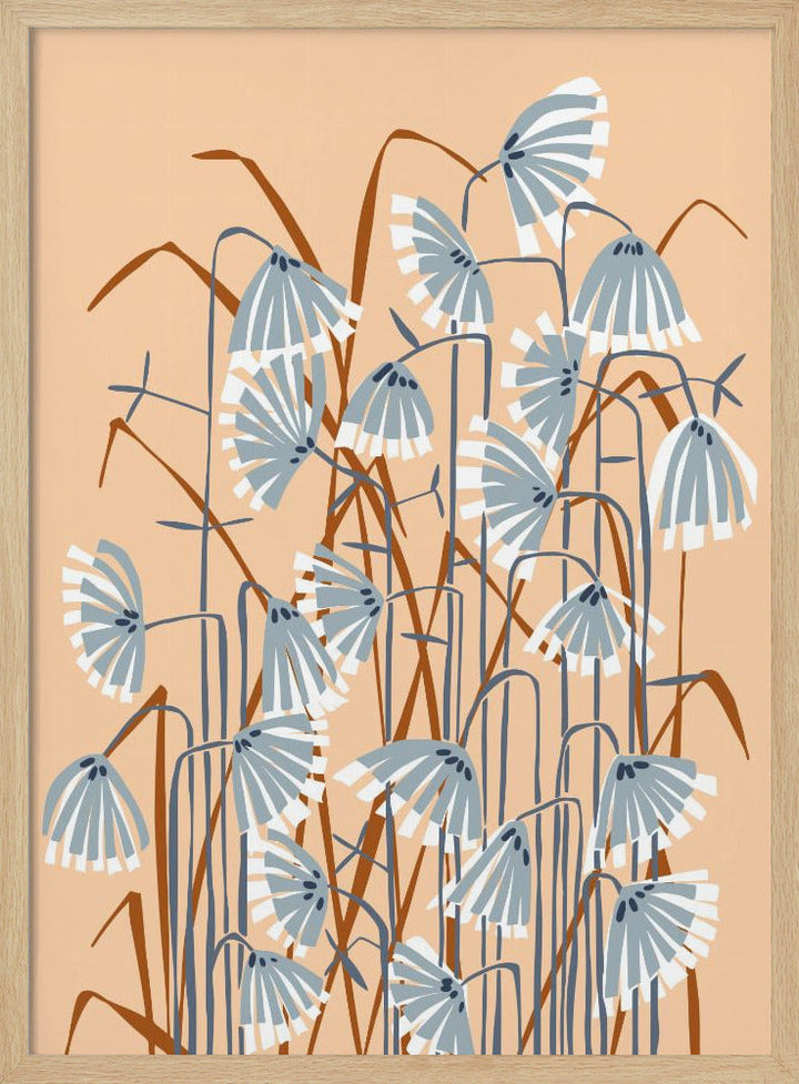 Linocut flower meadow peach fuzz - Stretched Canvas, Poster or Fine Art Print I Heart Wall Art