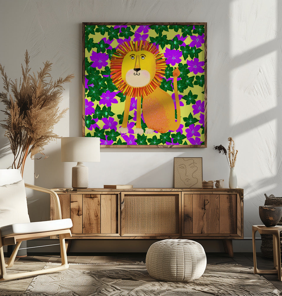 Lion in Flowers - Square Stretched Canvas, Poster or Fine Art Print I Heart Wall Art