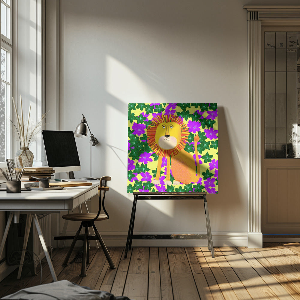 Lion in Flowers - Square Stretched Canvas, Poster or Fine Art Print I Heart Wall Art