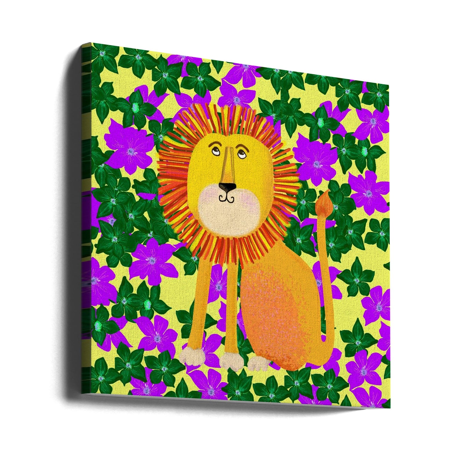 Lion in Flowers - Square Stretched Canvas, Poster or Fine Art Print I Heart Wall Art