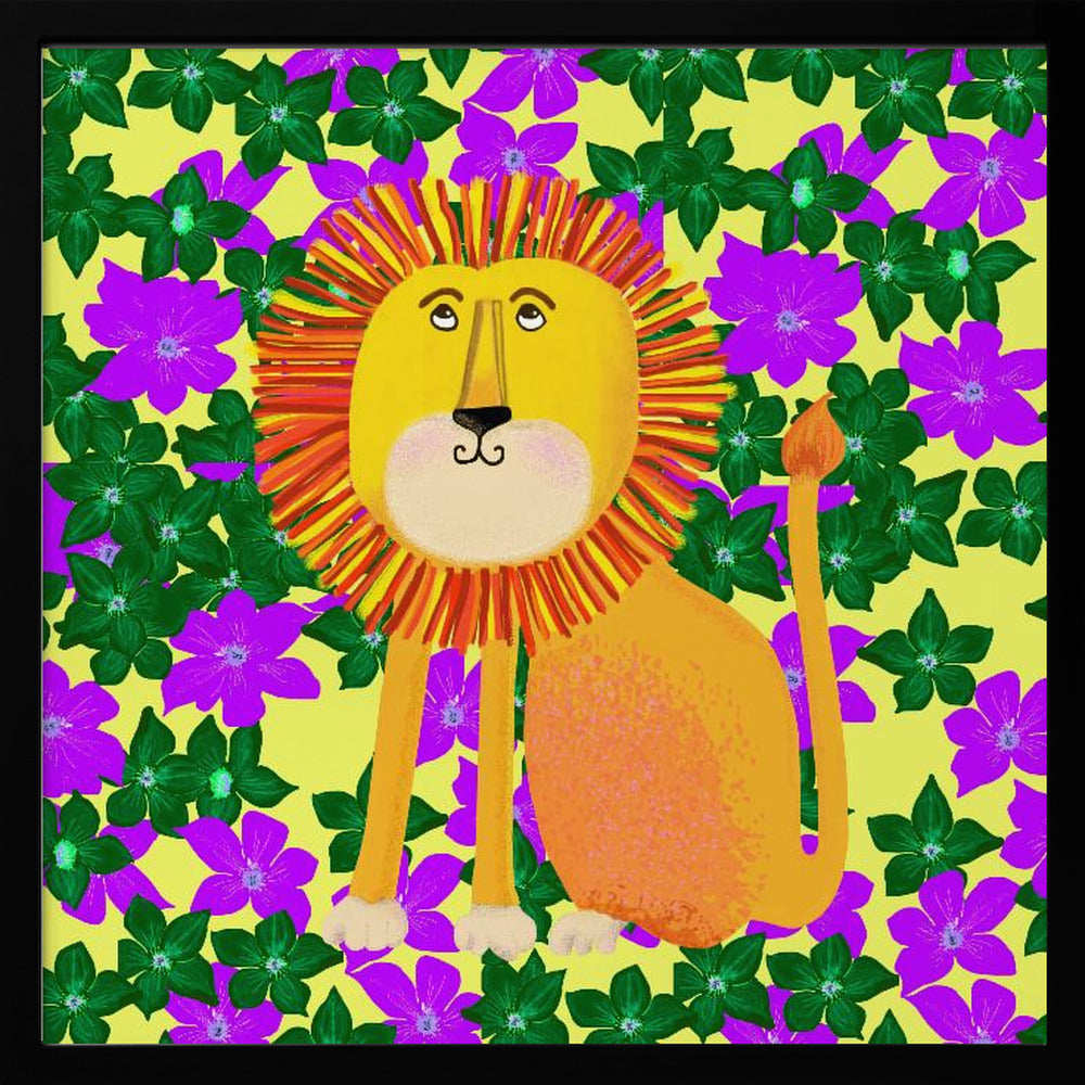 Lion in Flowers - Square Stretched Canvas, Poster or Fine Art Print I Heart Wall Art