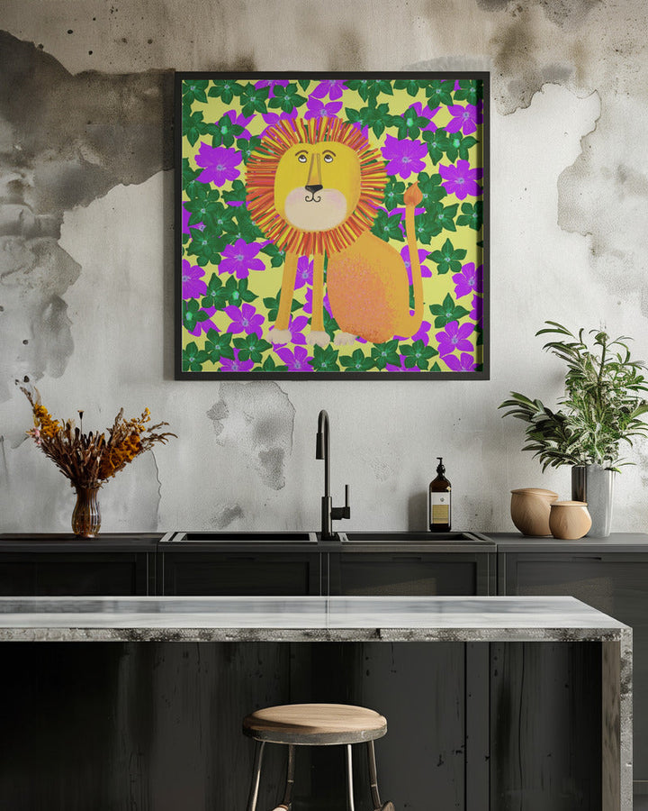 Lion in Flowers - Square Stretched Canvas, Poster or Fine Art Print I Heart Wall Art