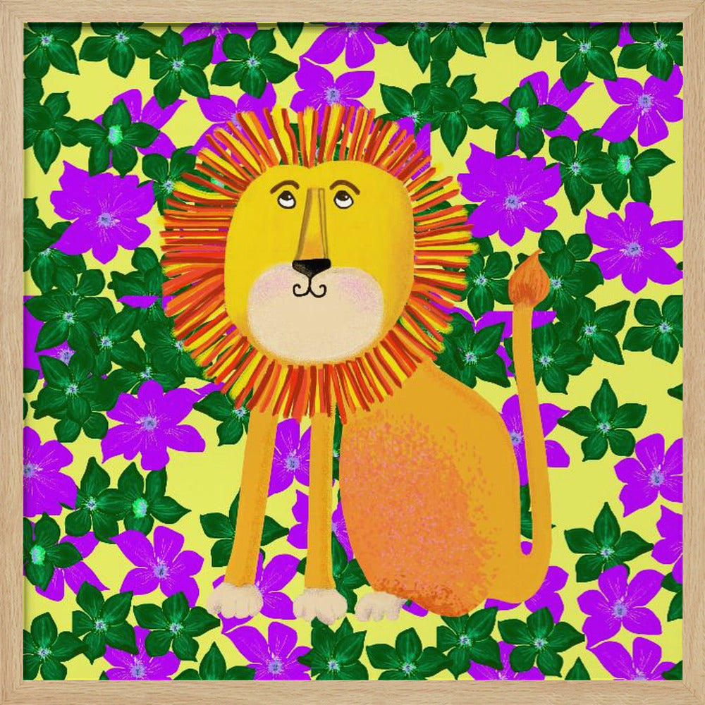 Lion in Flowers - Square Stretched Canvas, Poster or Fine Art Print I Heart Wall Art