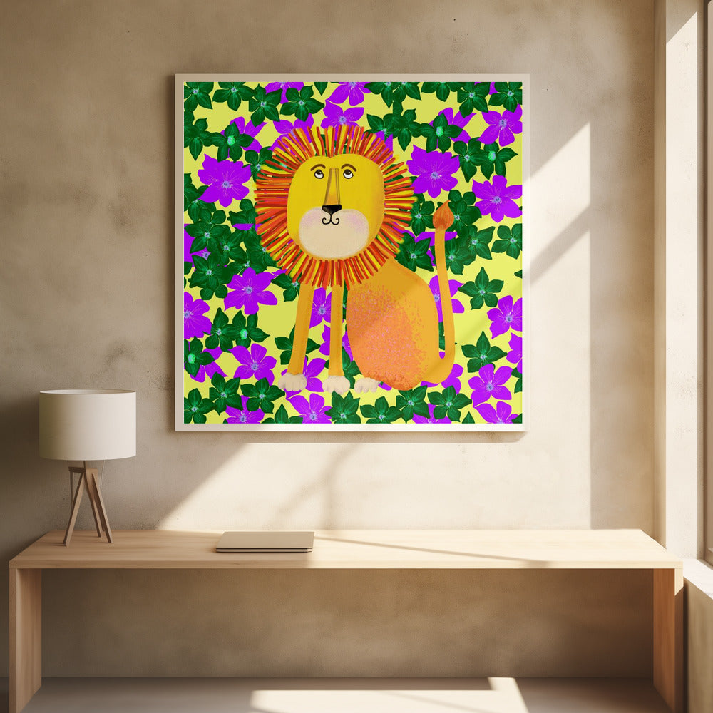 Lion in Flowers - Square Stretched Canvas, Poster or Fine Art Print I Heart Wall Art