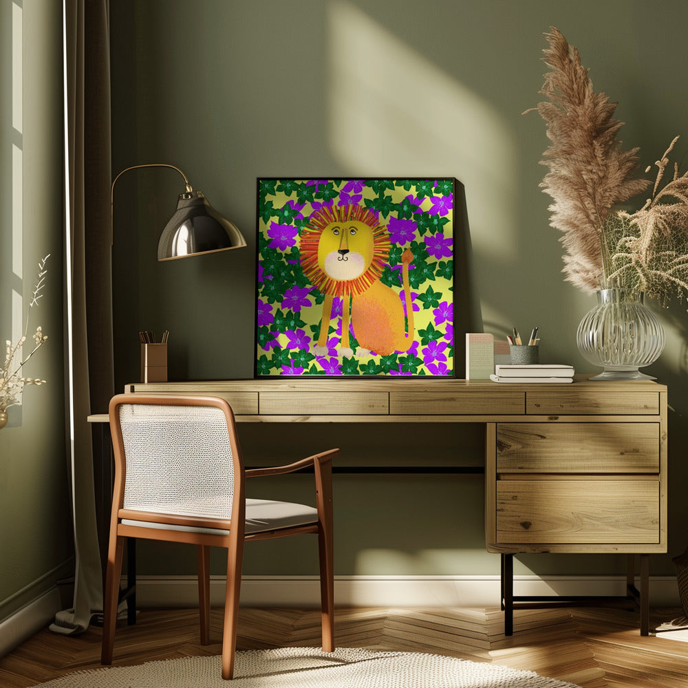 Lion in Flowers - Square Stretched Canvas, Poster or Fine Art Print I Heart Wall Art