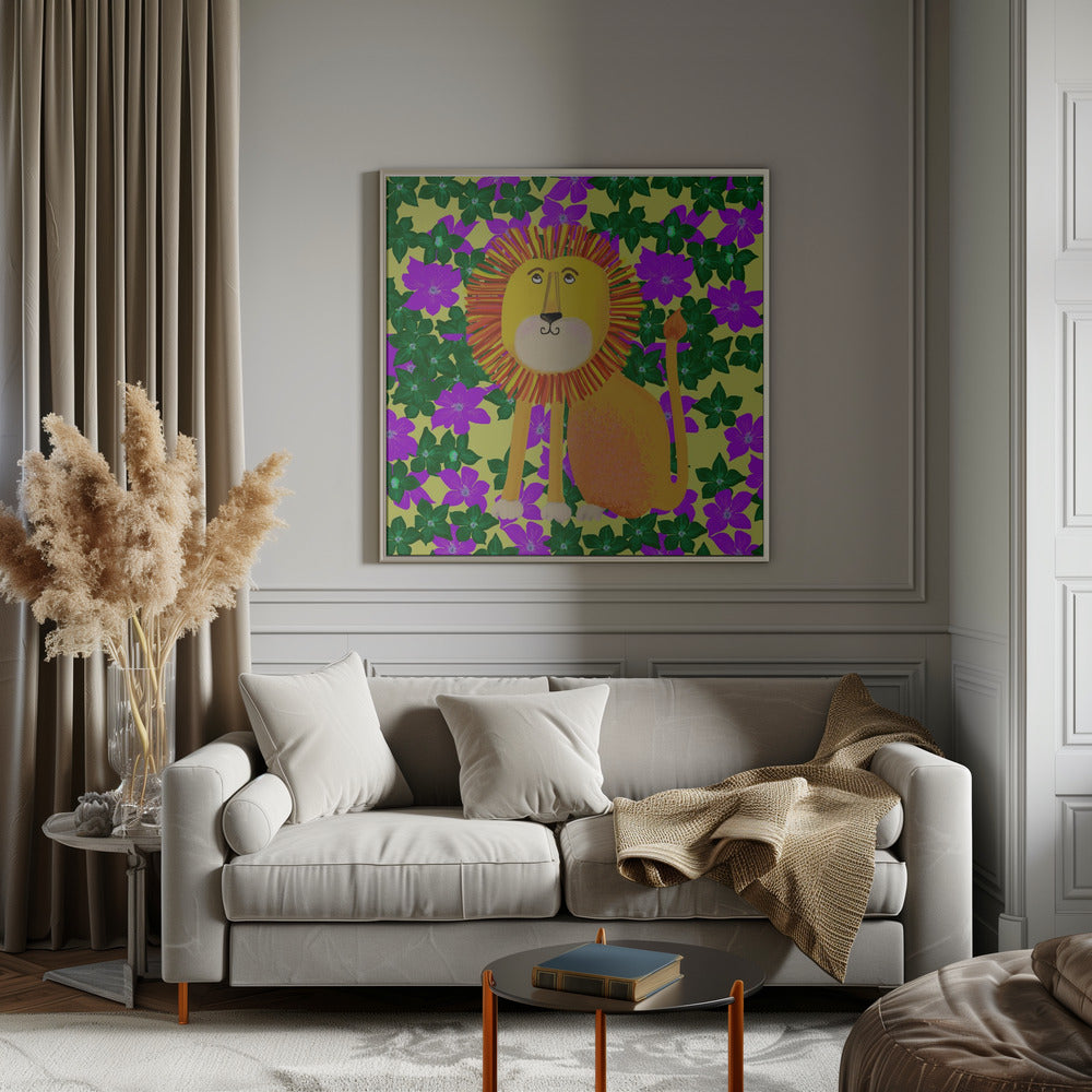 Lion in Flowers - Square Stretched Canvas, Poster or Fine Art Print I Heart Wall Art