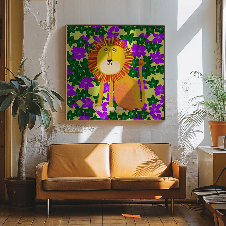 Lion in Flowers - Square Stretched Canvas, Poster or Fine Art Print I Heart Wall Art