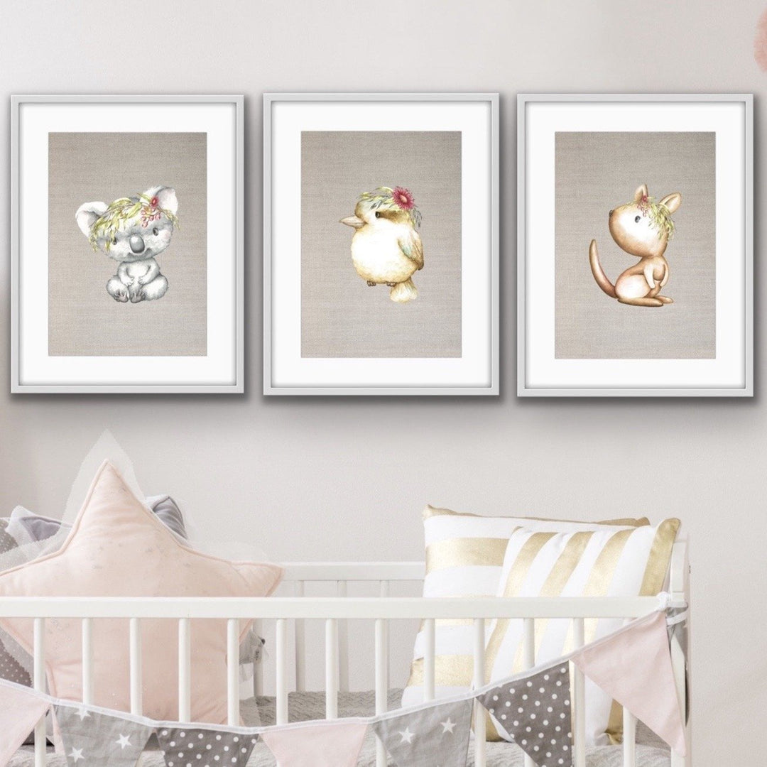 Little Aussies On Linen - Three Piece Australian Animal Print Set for Kids Triptych - I Heart Wall Art