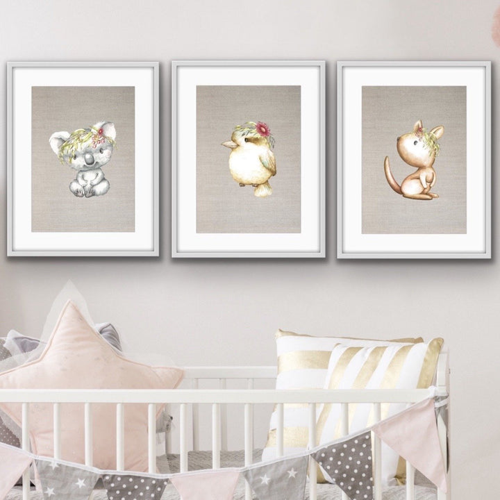Little Aussies On Linen - Three Piece Australian Animal Print Set for Kids Triptych - I Heart Wall Art