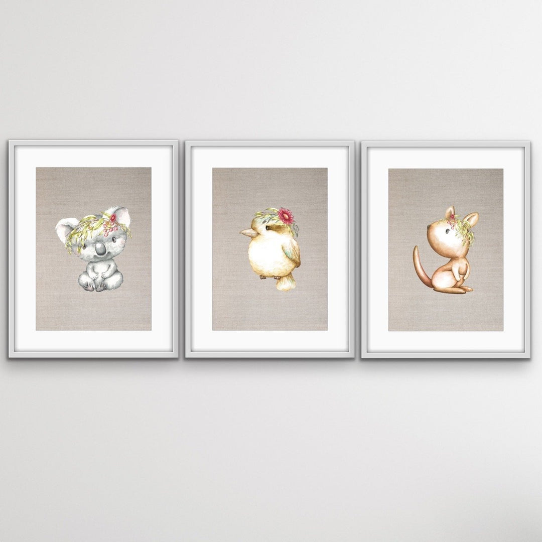 Little Aussies On Linen - Three Piece Australian Animal Print Set for Kids Triptych - I Heart Wall Art