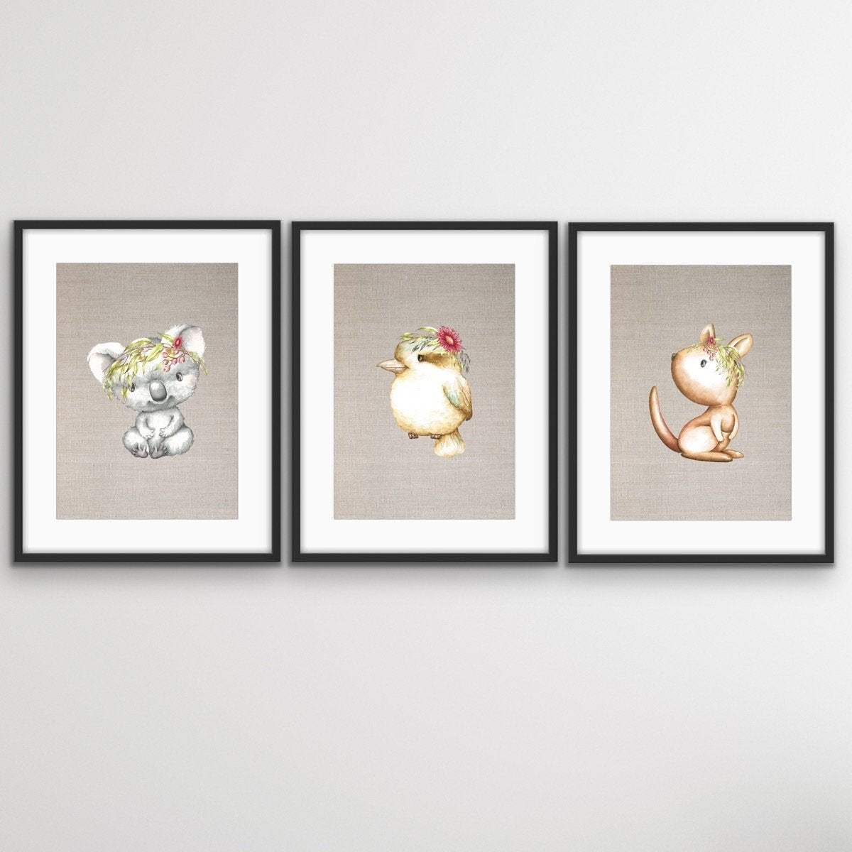 Little Aussies On Linen - Three Piece Australian Animal Print Set for Kids Triptych - I Heart Wall Art