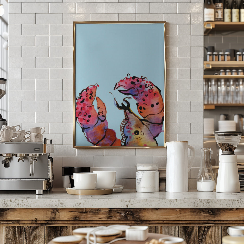 Lobster On Blue - Stretched Canvas, Poster or Fine Art Print I Heart Wall Art
