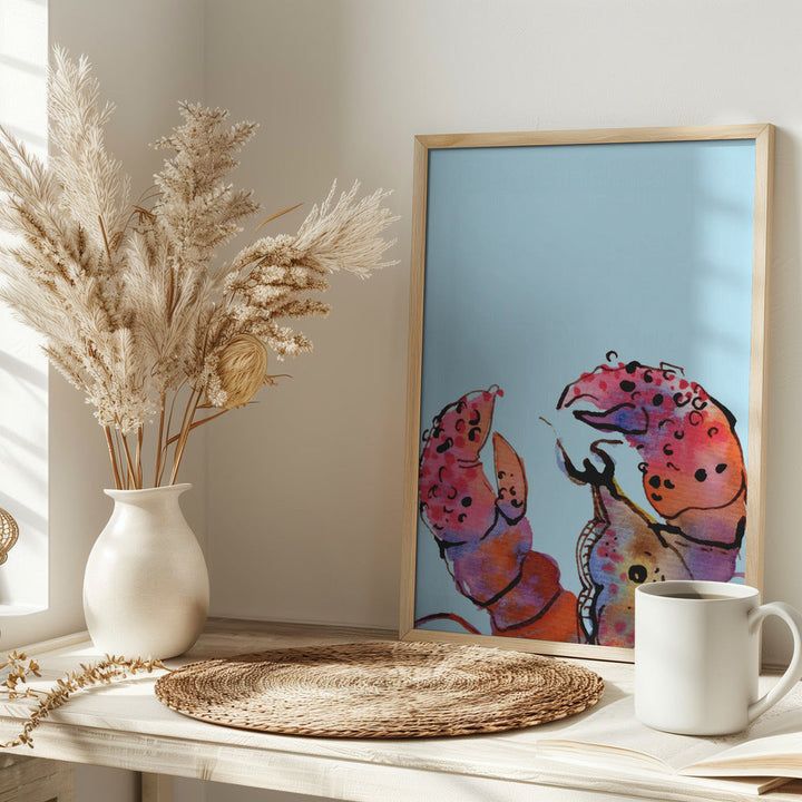 Lobster On Blue - Stretched Canvas, Poster or Fine Art Print I Heart Wall Art