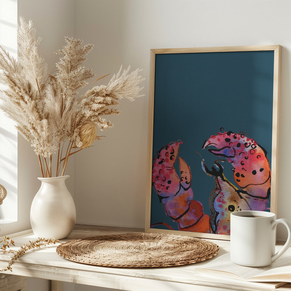 Lobster On Dark Blue - Stretched Canvas, Poster or Fine Art Print I Heart Wall Art