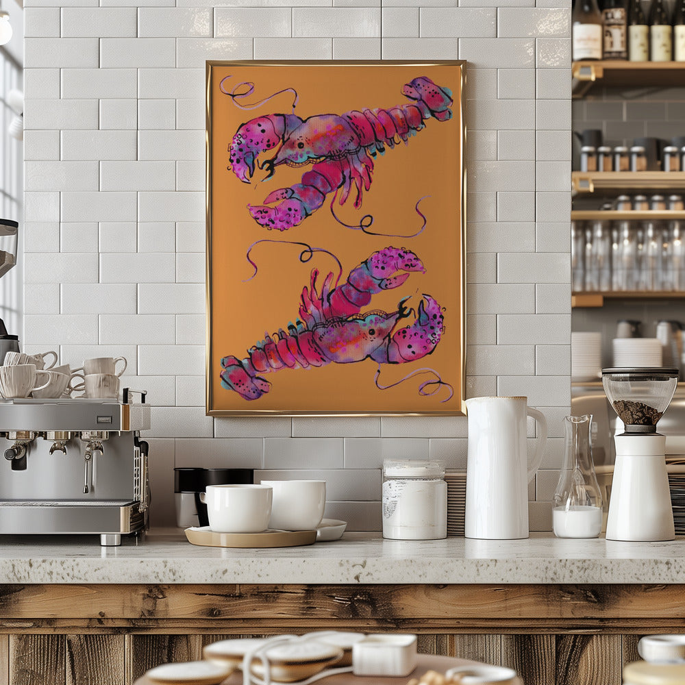 Lobsters On Orange - Stretched Canvas, Poster or Fine Art Print I Heart Wall Art