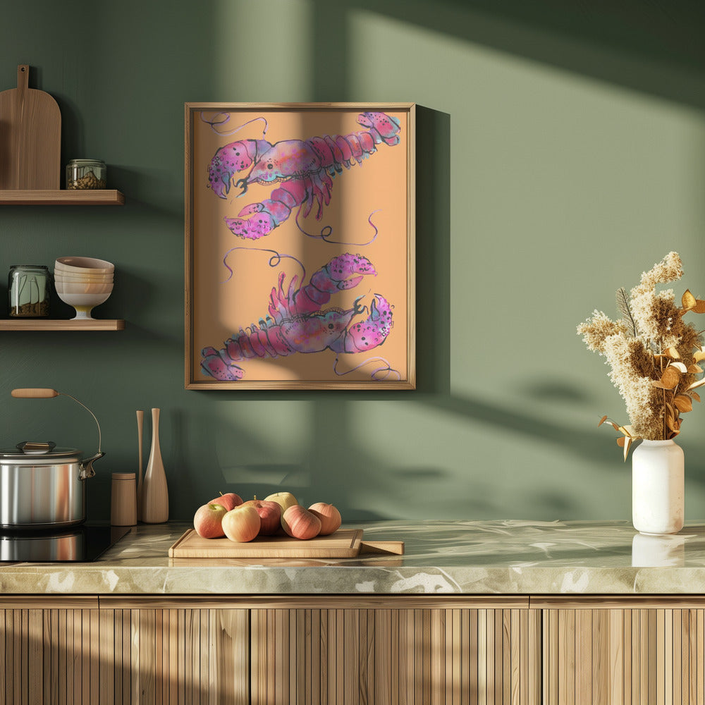 Lobsters On Orange - Stretched Canvas, Poster or Fine Art Print I Heart Wall Art