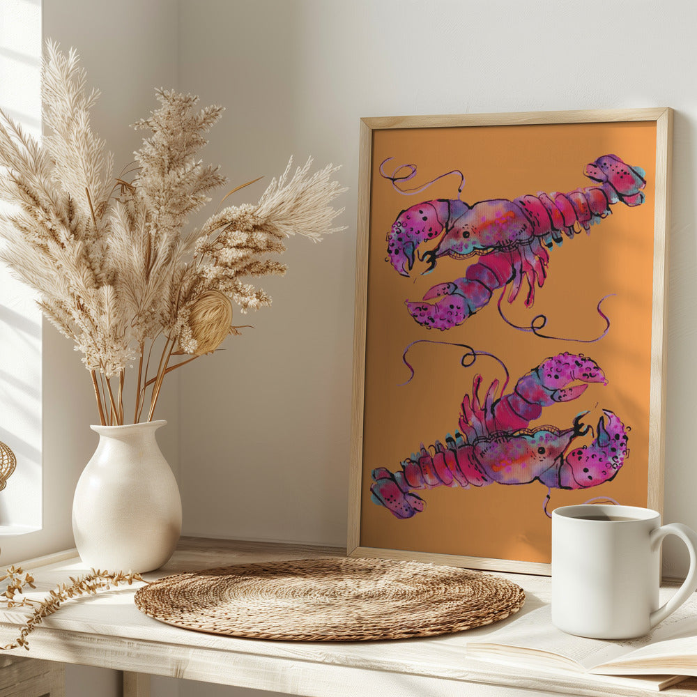 Lobsters On Orange - Stretched Canvas, Poster or Fine Art Print I Heart Wall Art