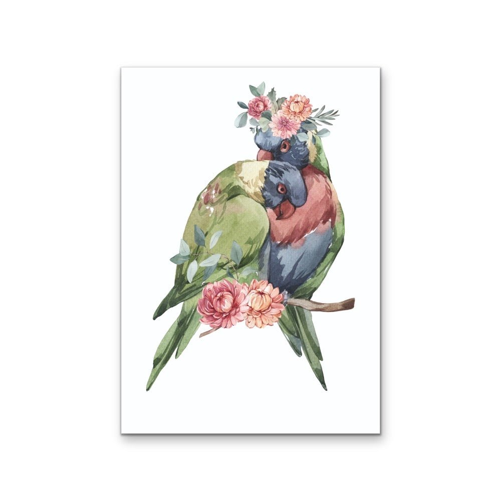 Lorikeets Flower Crown - Australian Native Animal Stretched Canvas or Wall Art Print - I Heart Wall Art - Poster Print, Canvas Print or Framed Art Print