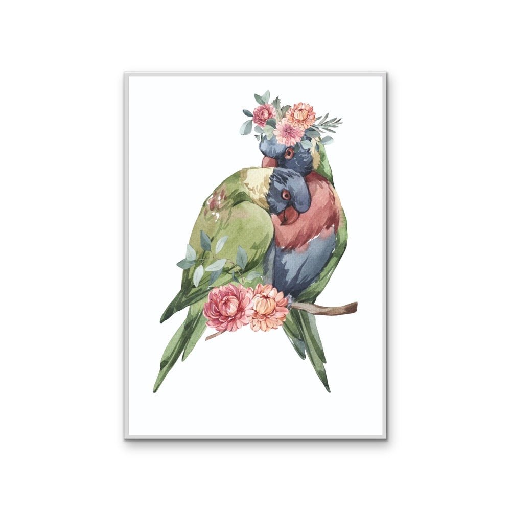 Lorikeets Flower Crown - Australian Native Animal Stretched Canvas or Wall Art Print - I Heart Wall Art - Poster Print, Canvas Print or Framed Art Print