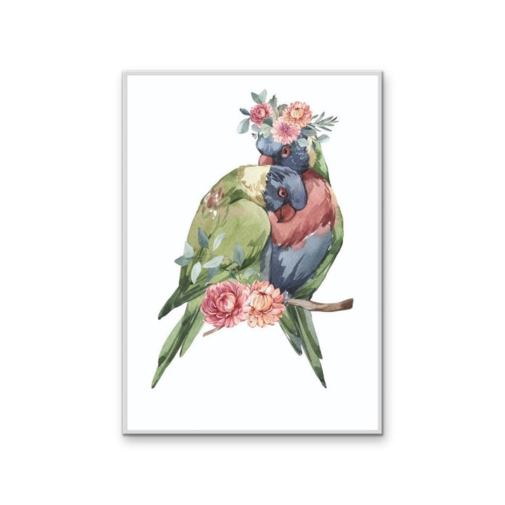 Lorikeets Flower Crown - Australian Native Animal Stretched Canvas or Wall Art Print - I Heart Wall Art - Poster Print, Canvas Print or Framed Art Print