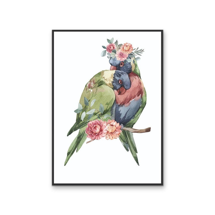 Lorikeets Flower Crown - Australian Native Animal Stretched Canvas or Wall Art Print - I Heart Wall Art - Poster Print, Canvas Print or Framed Art Print
